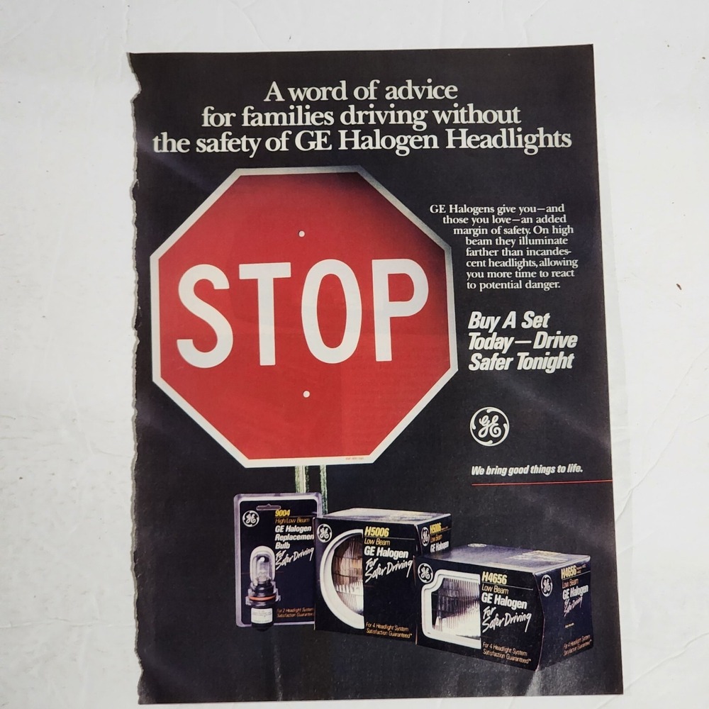 Vintage Print Ad GE Halogen Headlights Stop Sign clipping 1990 8x10